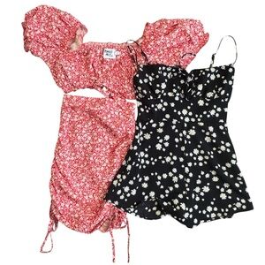 3 Piece Princess Polly Lot - Daisy Floral Size 2 XS Red Black Dress Top Skirt